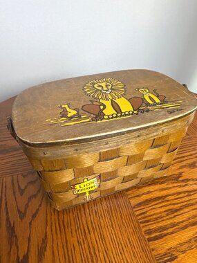 Vintage Caro Nan Wooden Woven Basket Purse Hand-Painted Lion Cottagecore Boho